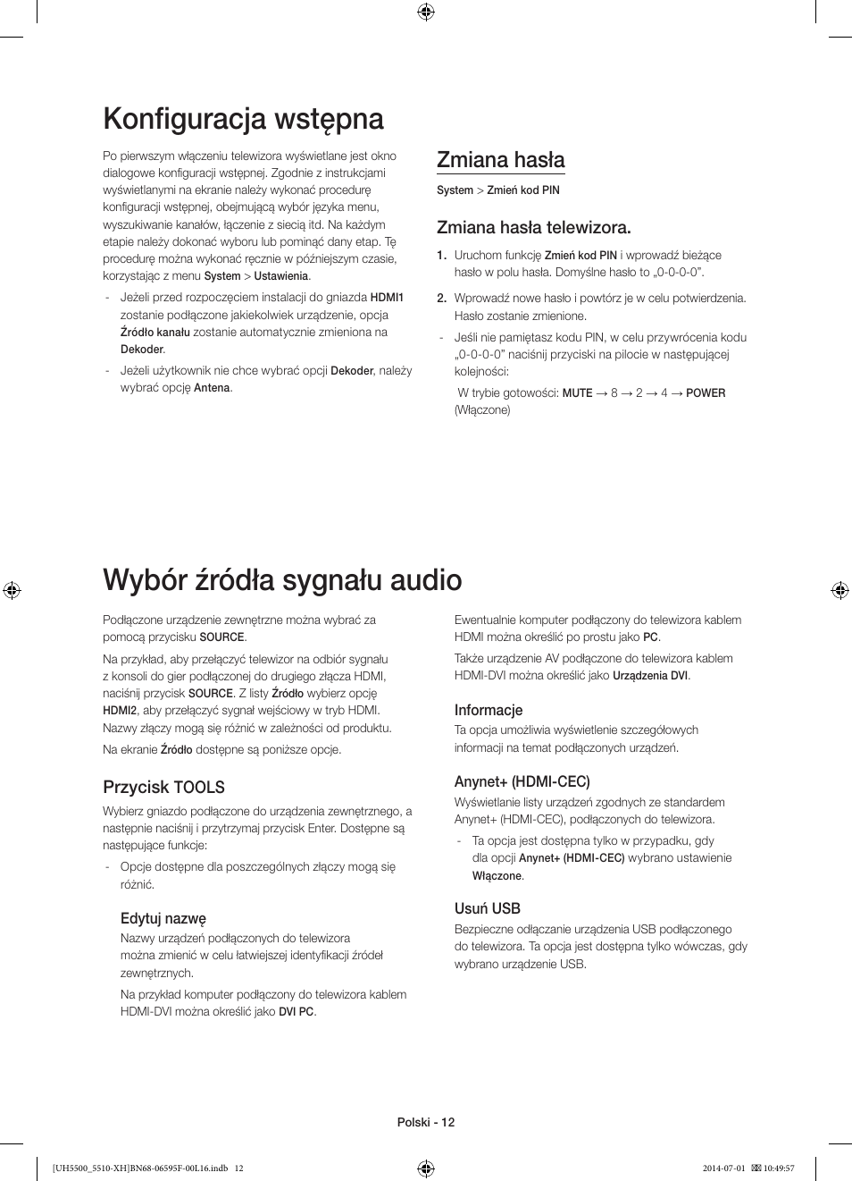 Konfiguracja wstępna, Wybór źródła sygnału audio, Zmiana hasła | Zmiana hasła telewizora, Przycisk, Tools | Samsung UE40H5500AW User Manual | Page 52 / 321