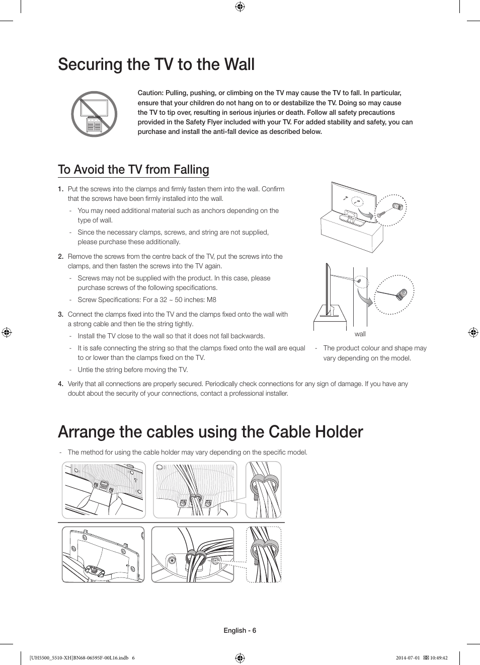 Securing the tv to the wall, Arrange the cables using the cable holder | Samsung UE40H5500AW User Manual | Page 6 / 321