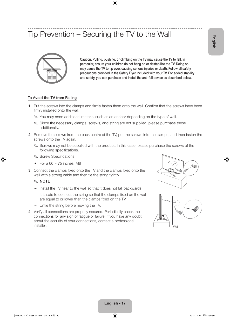 Tip prevention – securing the tv to the wall | Samsung UE60F6300AW User Manual | Page 17 / 289