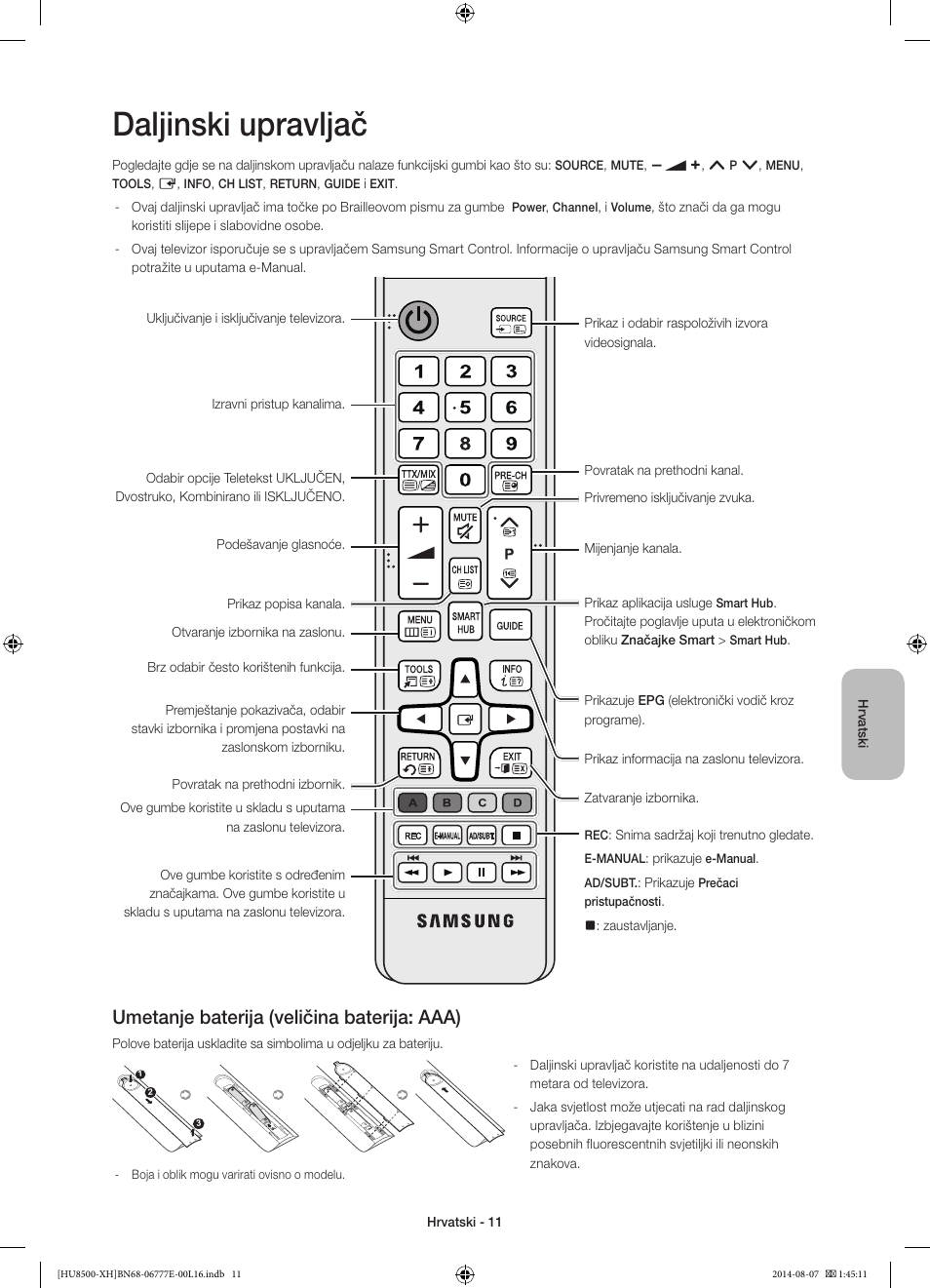 Daljinski upravljač, Umetanje baterija (veličina baterija: aaa) | Samsung UE65HU8500L User Manual | Page 131 / 386