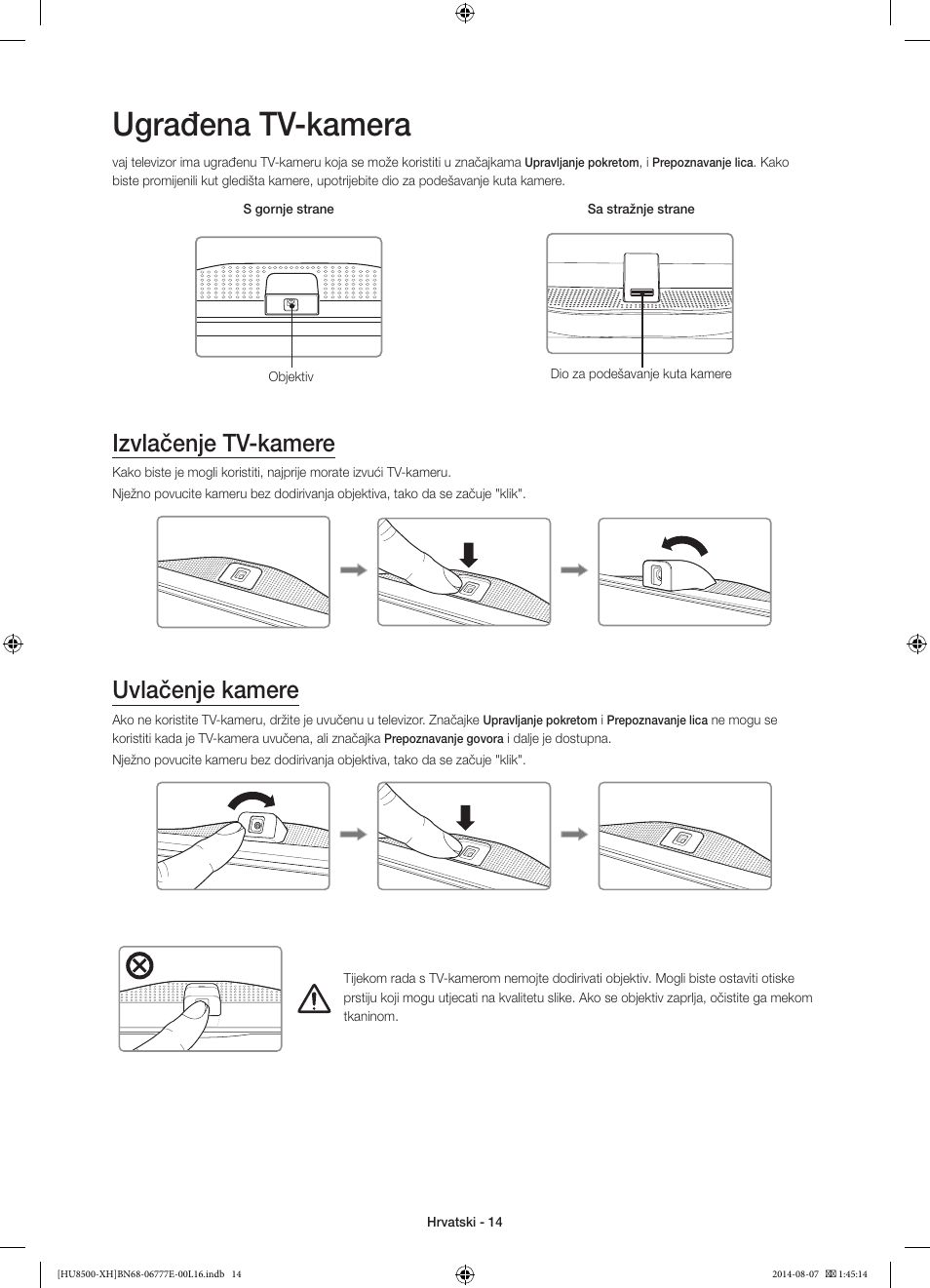 Ugrađena tv-kamera, Izvlačenje tv-kamere, Uvlačenje kamere | 경고 주의 경고 주의 | Samsung UE65HU8500L User Manual | Page 134 / 386