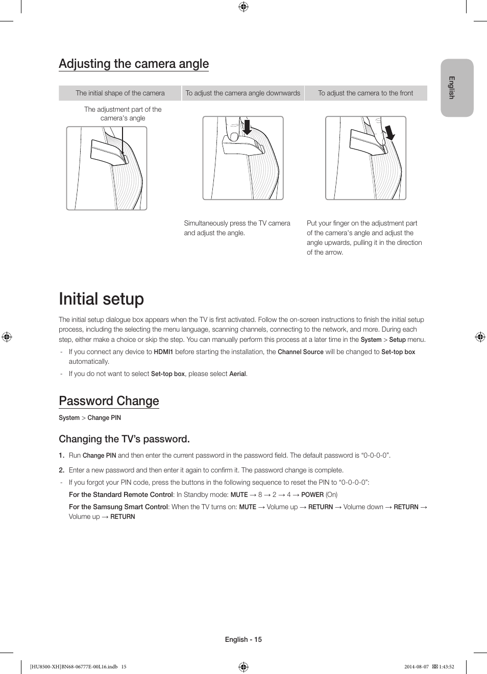 Initial setup, Adjusting the camera angle, Password change | Changing the tv’s password | Samsung UE65HU8500L User Manual | Page 15 / 386