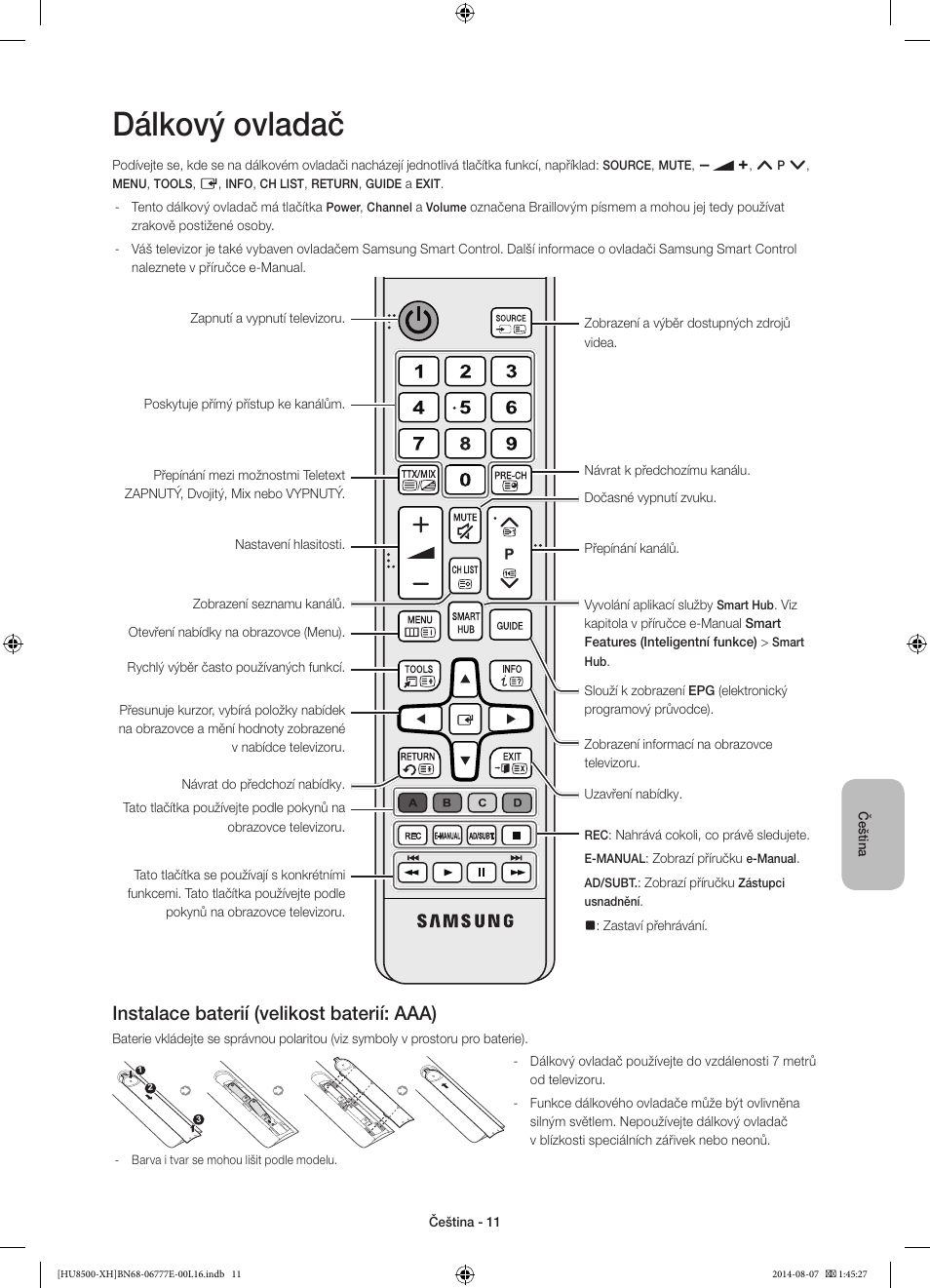 Dálkový ovladač, Instalace baterií (velikost baterií: aaa) | Samsung UE65HU8500L User Manual | Page 155 / 386