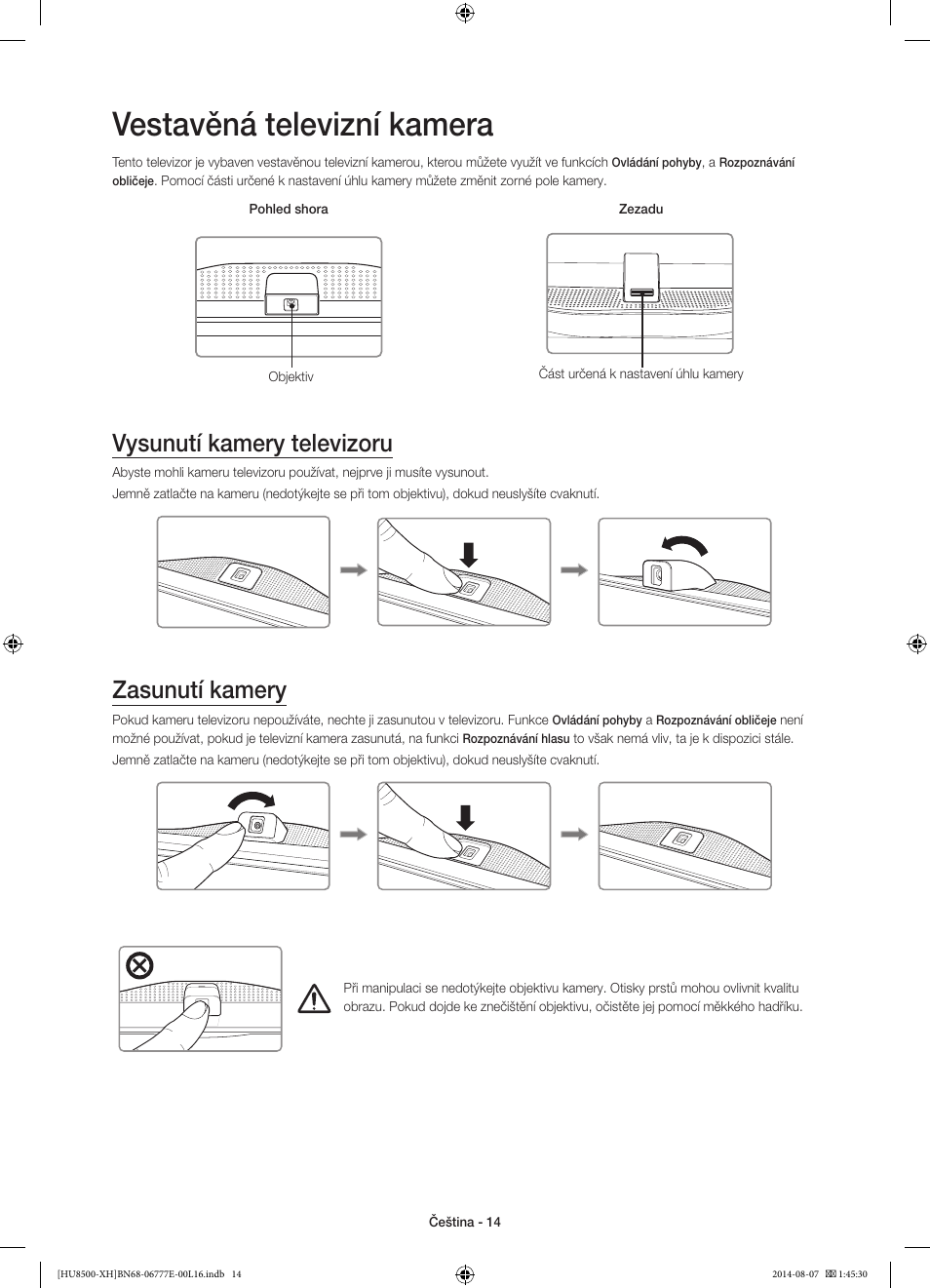 Vestavěná televizní kamera, Vysunutí kamery televizoru, Zasunutí kamery | 경고 주의 경고 주의 | Samsung UE65HU8500L User Manual | Page 158 / 386