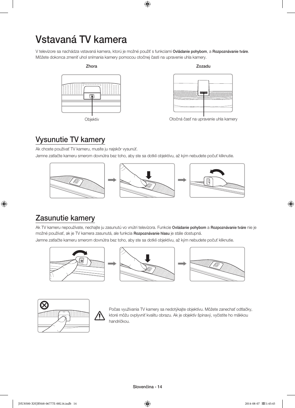 Vstavaná tv kamera, Vysunutie tv kamery, Zasunutie kamery | 경고 주의 경고 주의 | Samsung UE65HU8500L User Manual | Page 182 / 386