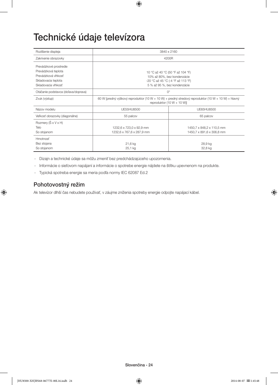 Technické údaje televízora, Pohotovostný režim | Samsung UE65HU8500L User Manual | Page 192 / 386