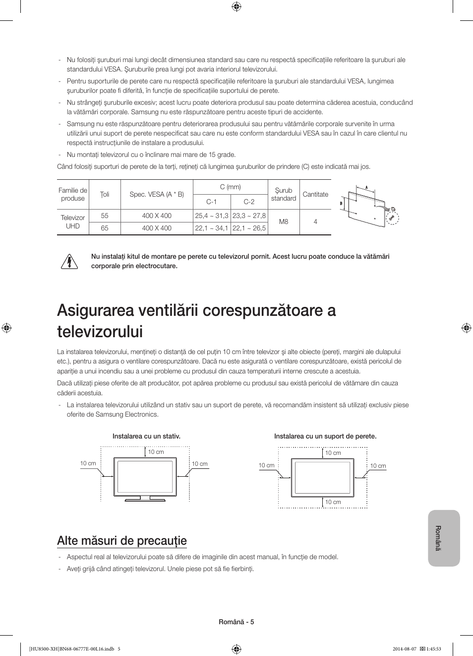 Alte măsuri de precauţie | Samsung UE65HU8500L User Manual | Page 197 / 386