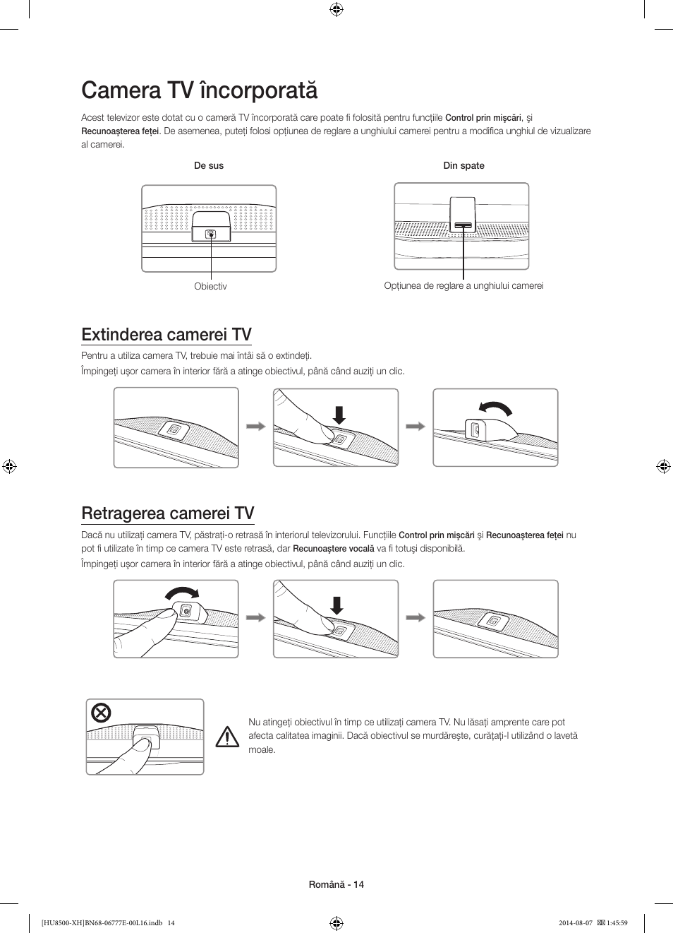 Camera tv încorporată, Extinderea camerei tv, Retragerea camerei tv | 경고 주의 경고 주의 | Samsung UE65HU8500L User Manual | Page 206 / 386