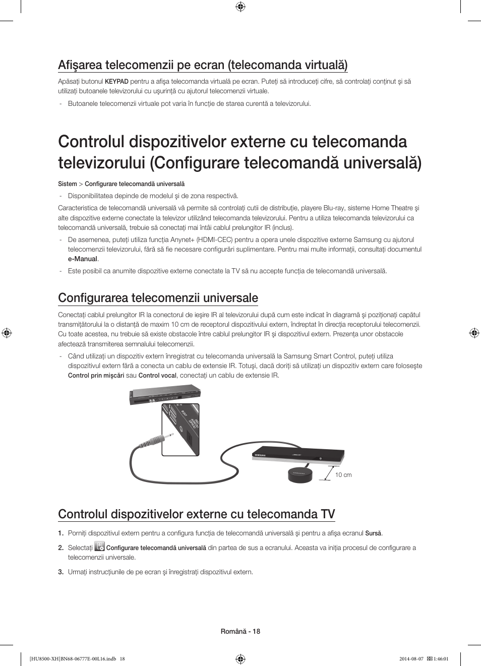 Configurarea telecomenzii universale, Controlul dispozitivelor externe cu telecomanda tv | Samsung UE65HU8500L User Manual | Page 210 / 386