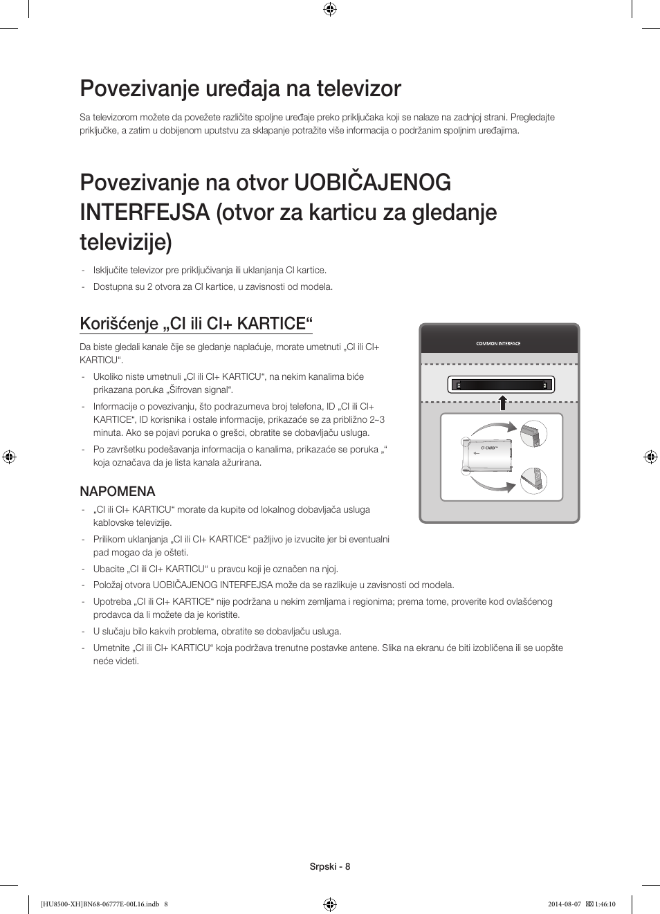 Povezivanje uređaja na televizor, Korišćenje „ci ili ci+ kartice, Napomena | Samsung UE65HU8500L User Manual | Page 224 / 386