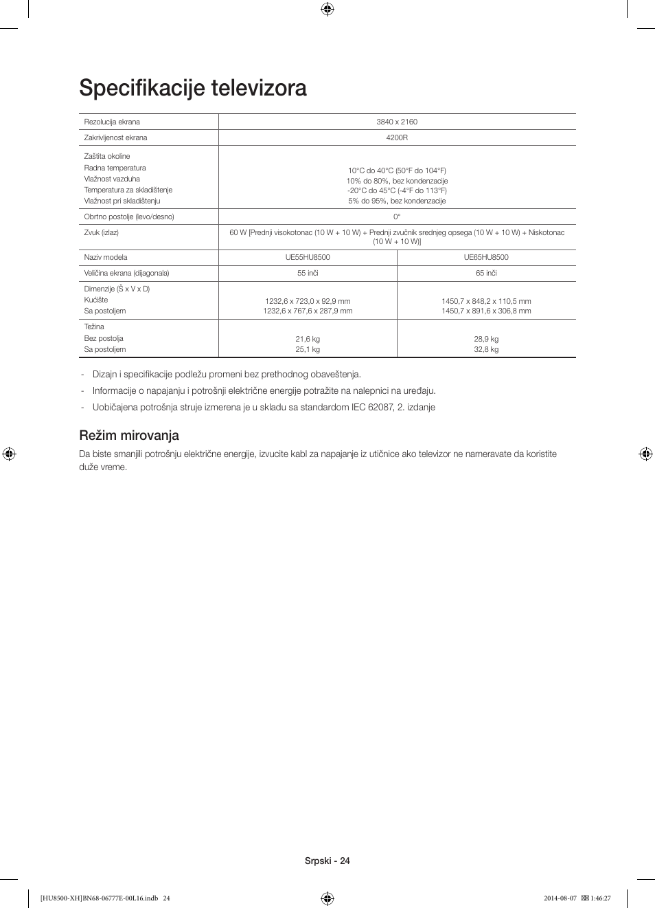 Specifikacije televizora, Režim mirovanja | Samsung UE65HU8500L User Manual | Page 240 / 386