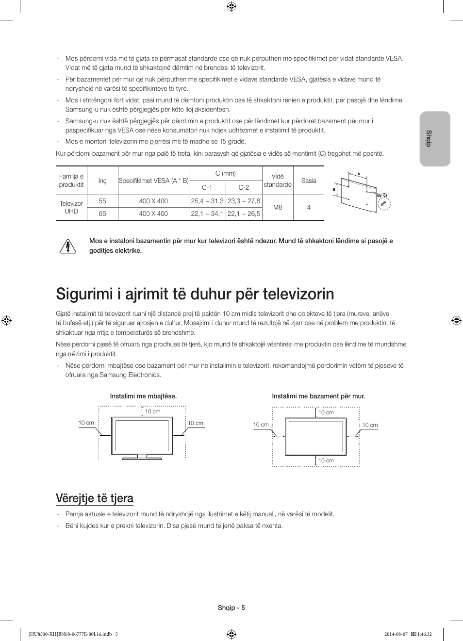 Sigurimi i ajrimit të duhur për televizorin, Vërejtje të tjera | Samsung UE65HU8500L User Manual | Page 245 / 386