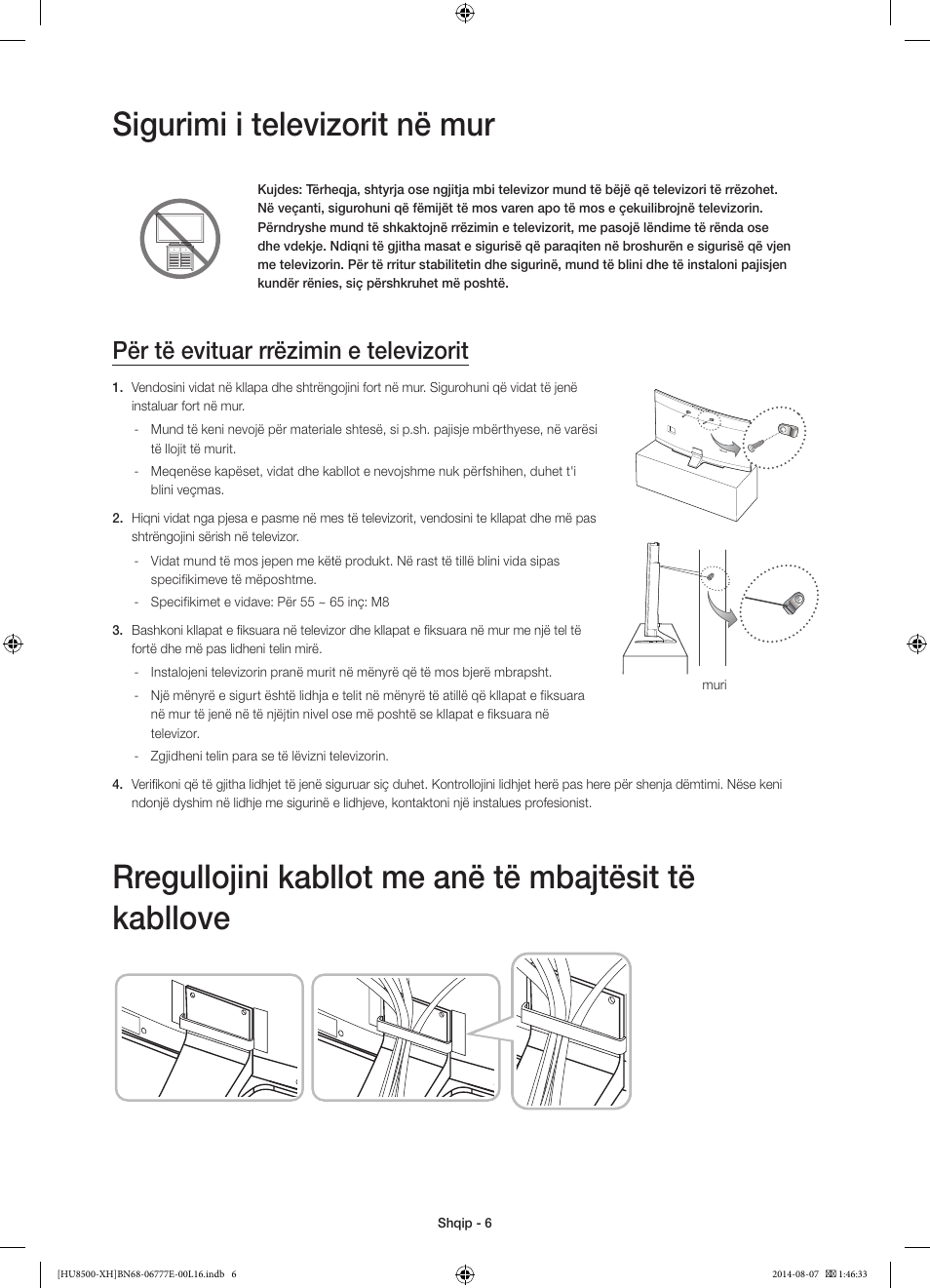 Sigurimi i televizorit në mur, Për të evituar rrëzimin e televizorit | Samsung UE65HU8500L User Manual | Page 246 / 386