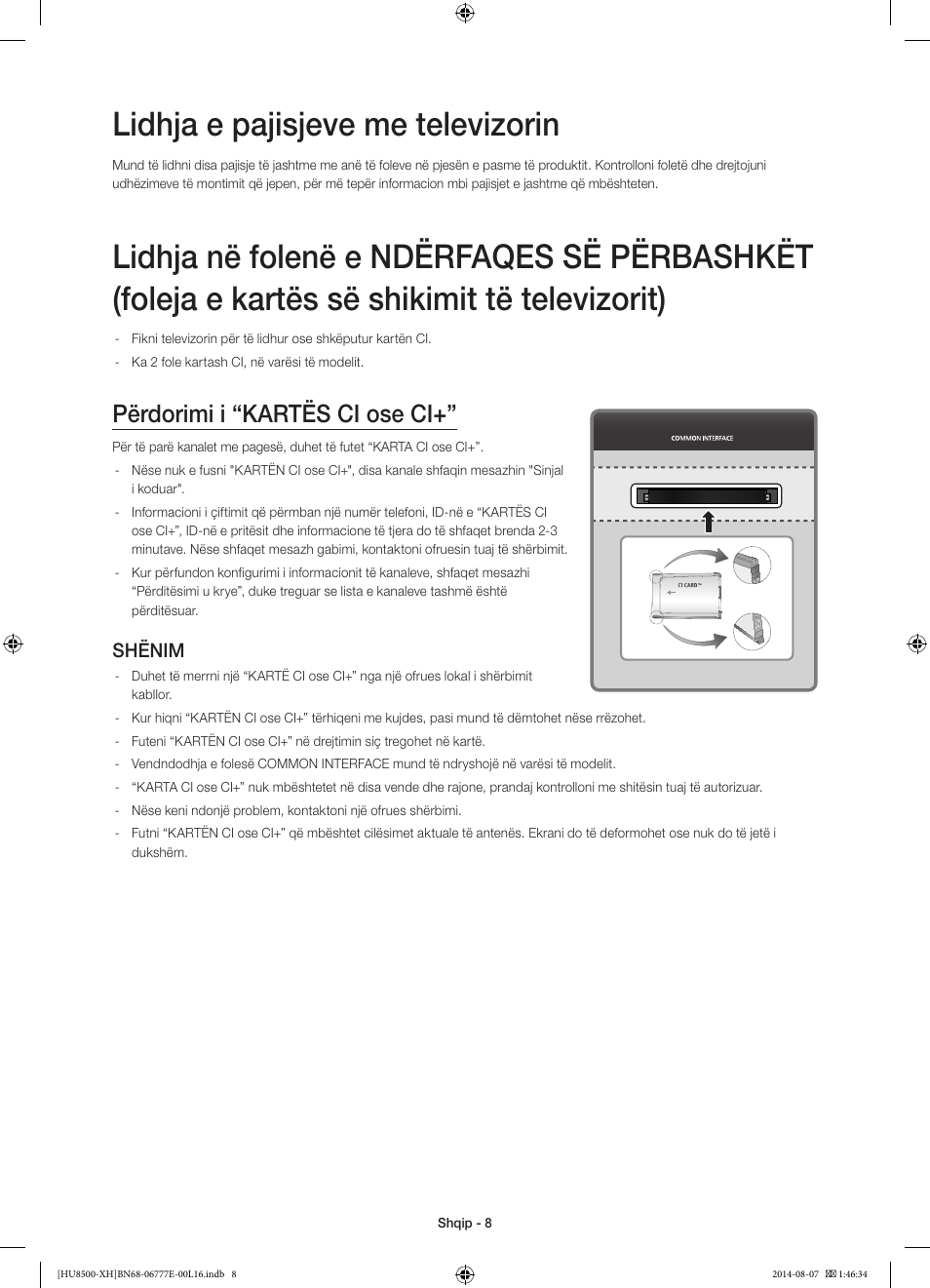 Lidhja e pajisjeve me televizorin, Përdorimi i “kartës ci ose ci, Shënim | Samsung UE65HU8500L User Manual | Page 248 / 386