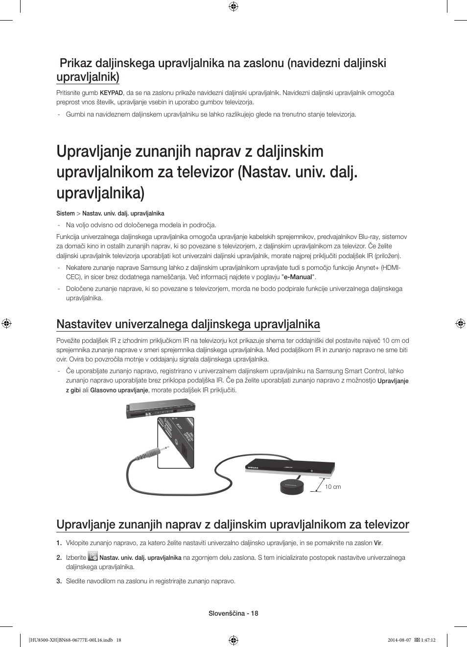 Nastavitev univerzalnega daljinskega upravljalnika | Samsung UE65HU8500L User Manual | Page 306 / 386