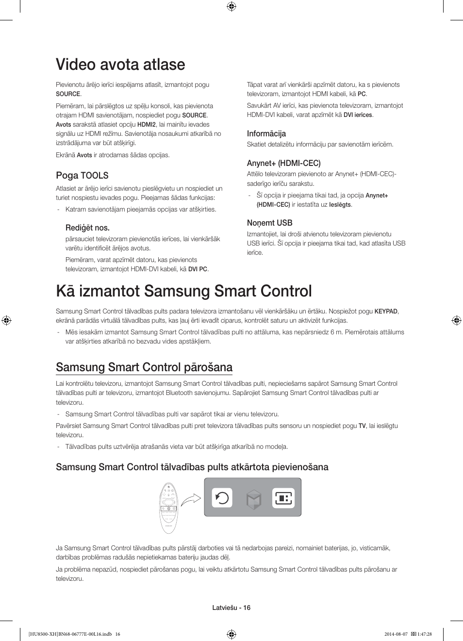 Kā izmantot samsung smart control, Video avota atlase, Samsung smart control pārošana | Poga, Tools | Samsung UE65HU8500L User Manual | Page 328 / 386