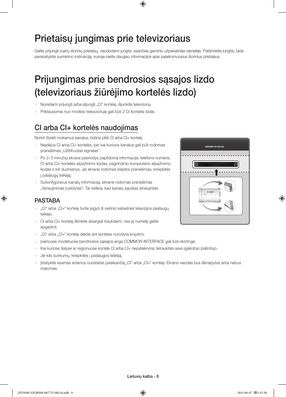 Prietaisų jungimas prie televizoriaus, Ci arba ci+ kortelės naudojimas, Pastaba | Samsung UE65HU8500L User Manual | Page 344 / 386