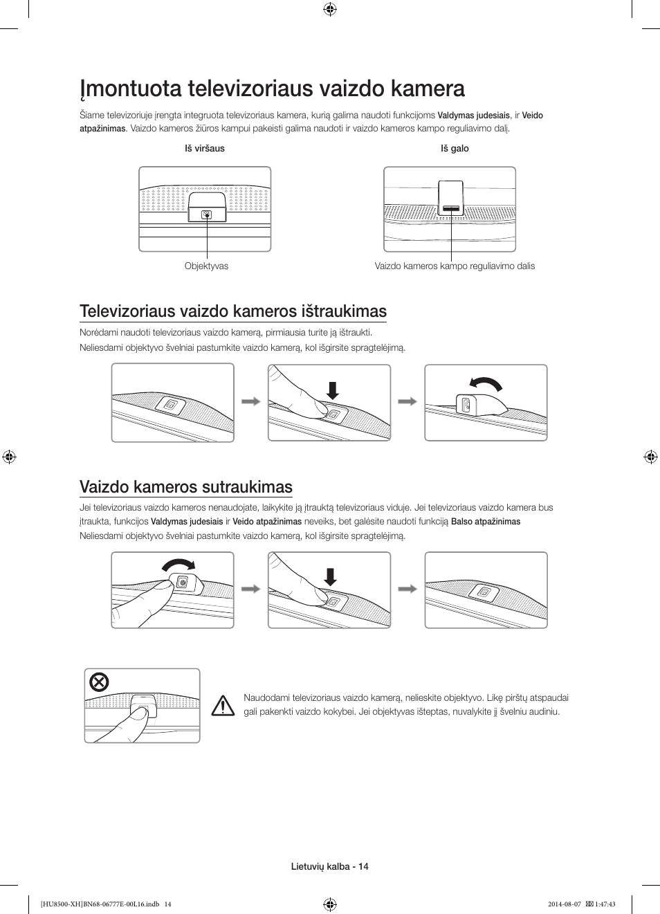 Įmontuota televizoriaus vaizdo kamera, Televizoriaus vaizdo kameros ištraukimas, Vaizdo kameros sutraukimas | 경고 주의 경고 주의 | Samsung UE65HU8500L User Manual | Page 350 / 386