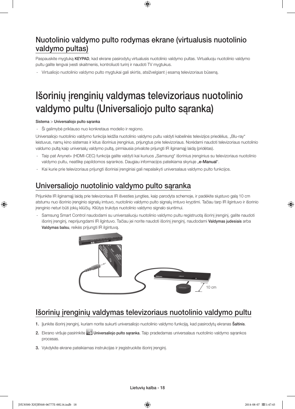 Universaliojo nuotolinio valdymo pulto sąranka | Samsung UE65HU8500L User Manual | Page 354 / 386