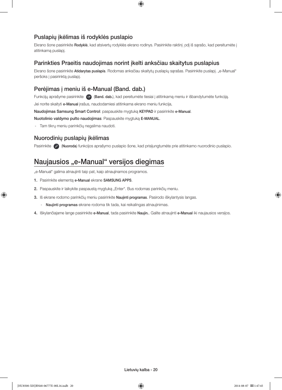 Naujausios „e-manual“ versijos diegimas, Puslapių įkėlimas iš rodyklės puslapio, Perėjimas į meniu iš e-manual (band. dab.) | Nuorodinių puslapių įkėlimas | Samsung UE65HU8500L User Manual | Page 356 / 386