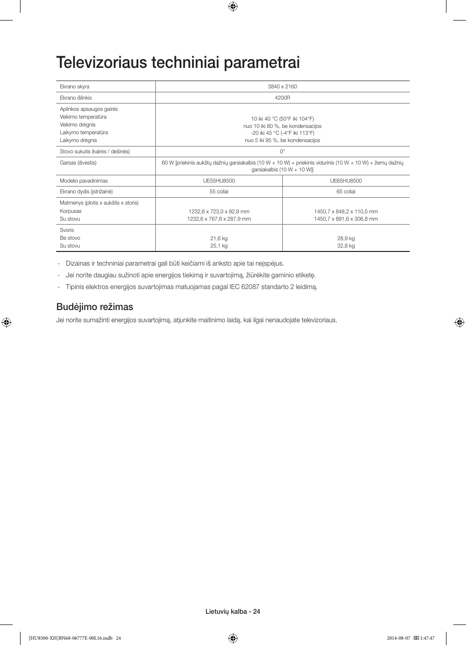 Televizoriaus techniniai parametrai, Budėjimo režimas | Samsung UE65HU8500L User Manual | Page 360 / 386