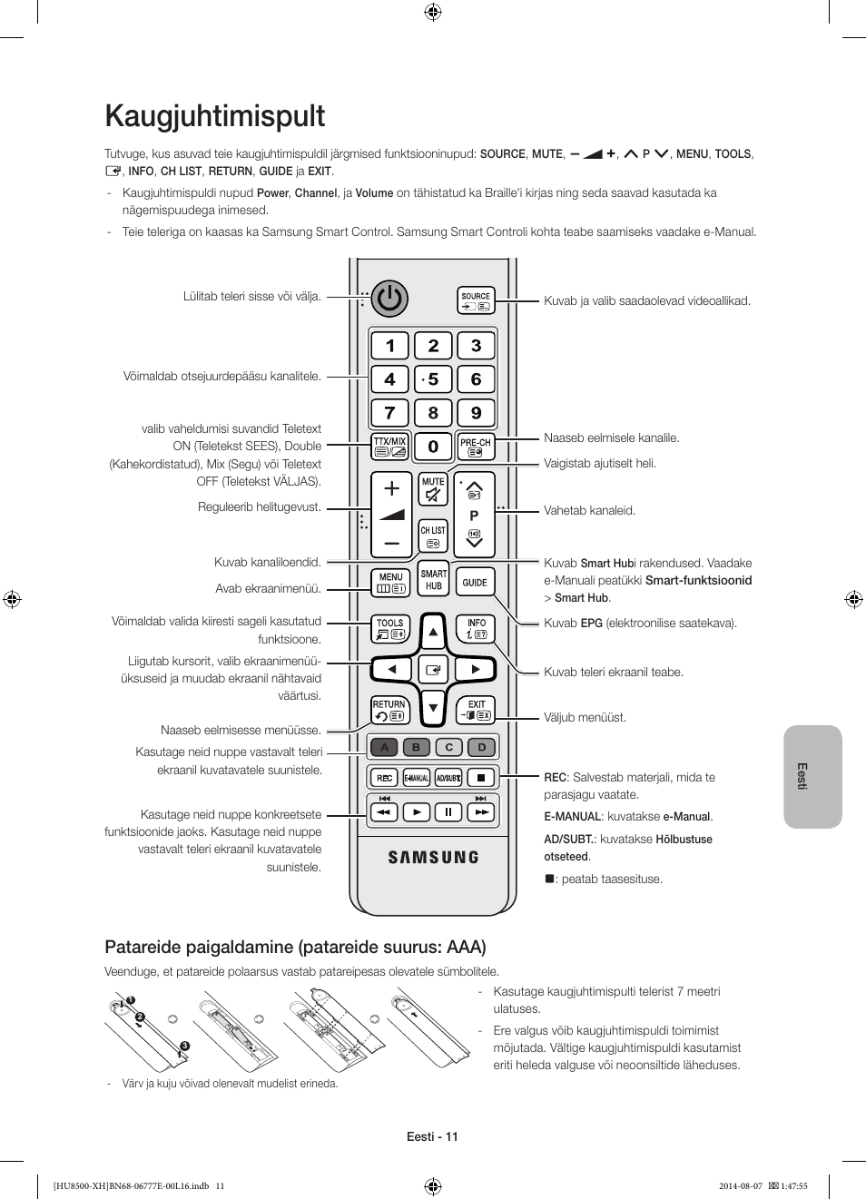 Kaugjuhtimispult, Patareide paigaldamine (patareide suurus: aaa) | Samsung UE65HU8500L User Manual | Page 371 / 386