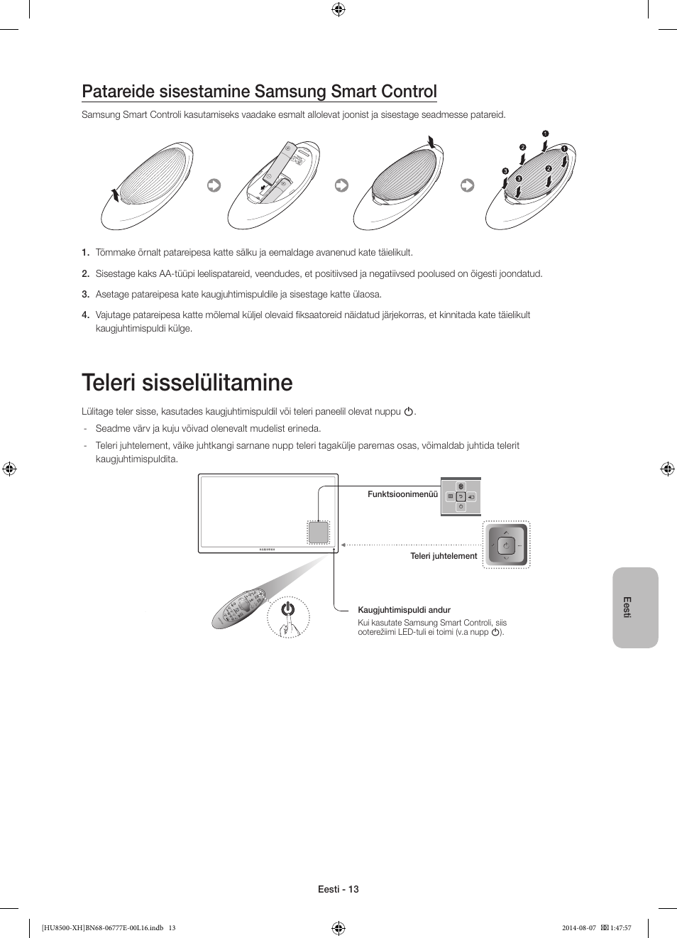 Teleri sisselülitamine, Patareide sisestamine samsung smart control | Samsung UE65HU8500L User Manual | Page 373 / 386