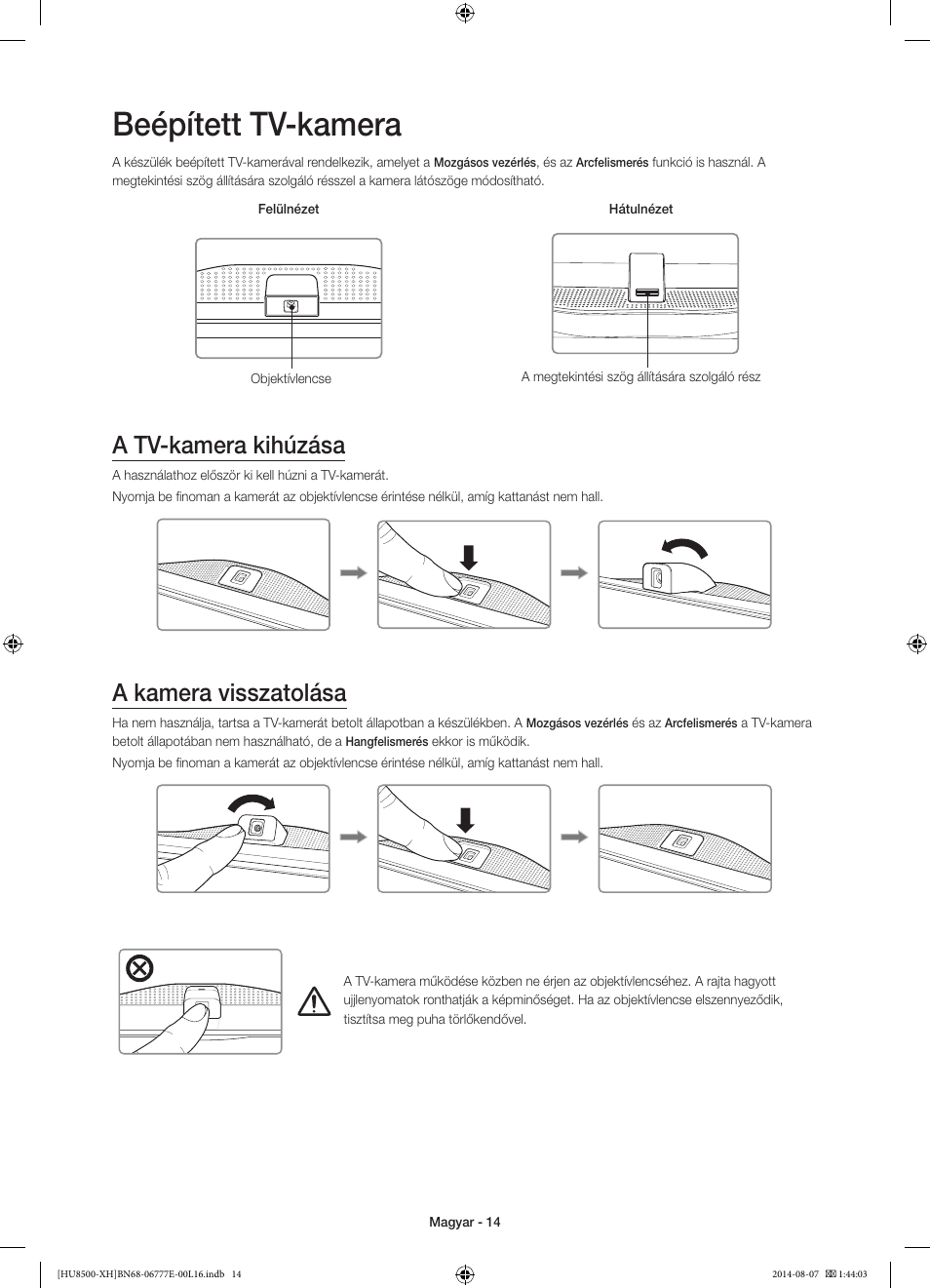 Beépített tv-kamera, A tv-kamera kihúzása, A kamera visszatolása | 경고 주의 경고 주의 | Samsung UE65HU8500L User Manual | Page 38 / 386
