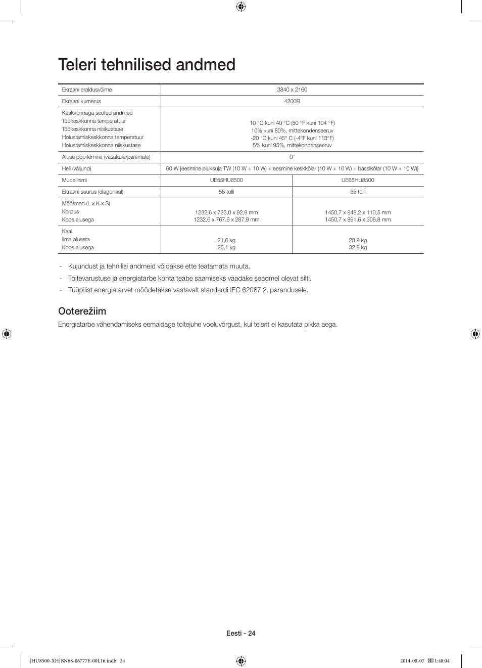 Teleri tehnilised andmed, Ooterežiim | Samsung UE65HU8500L User Manual | Page 384 / 386