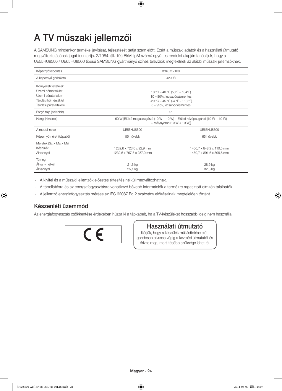 A tv műszaki jellemzői, Használati útmutató, Készenléti üzemmód | Samsung UE65HU8500L User Manual | Page 48 / 386