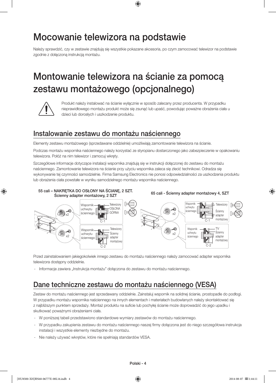Mocowanie telewizora na podstawie, Instalowanie zestawu do montażu naściennego | Samsung UE65HU8500L User Manual | Page 52 / 386