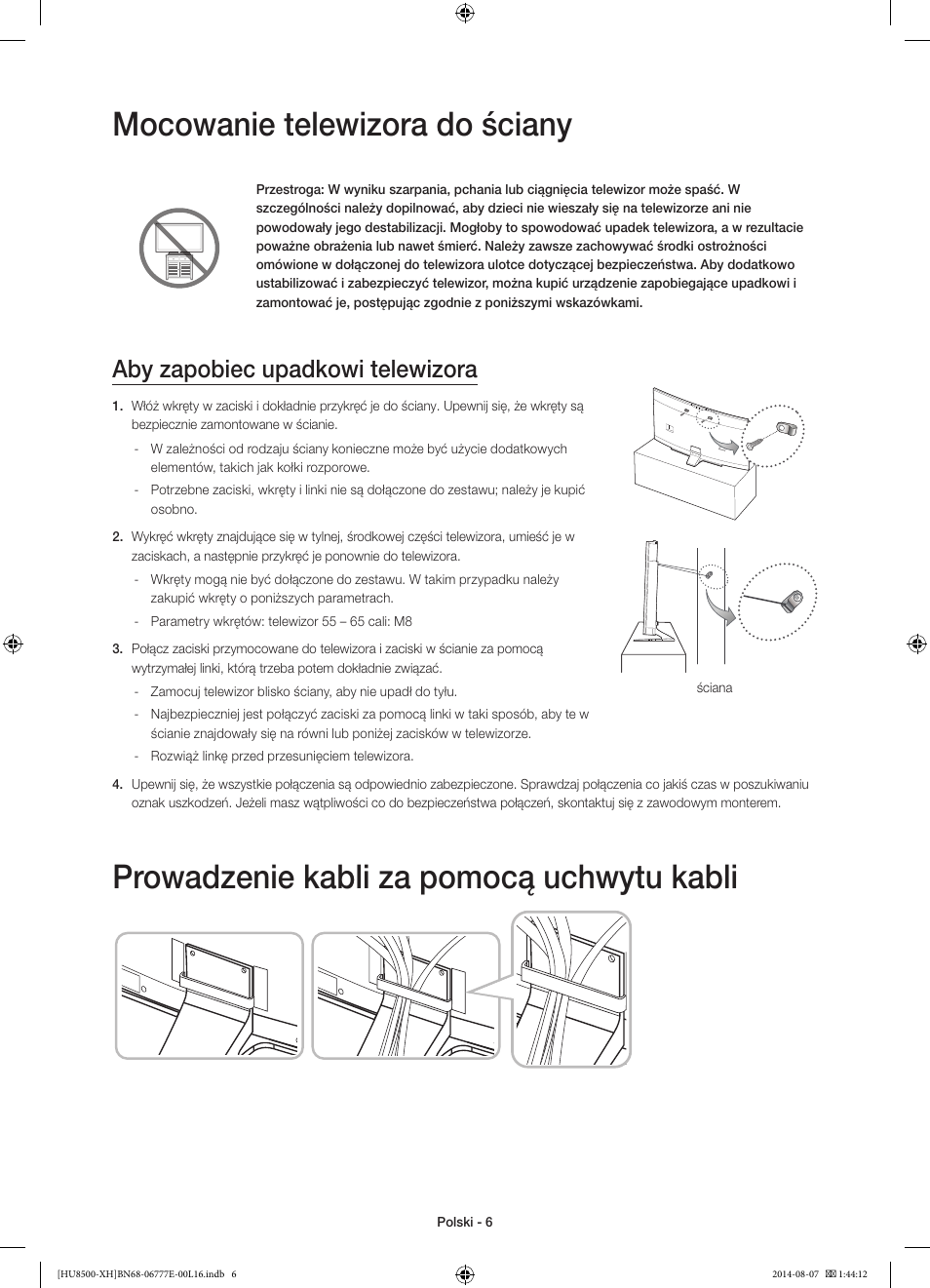 Mocowanie telewizora do ściany, Prowadzenie kabli za pomocą uchwytu kabli, Aby zapobiec upadkowi telewizora | Samsung UE65HU8500L User Manual | Page 54 / 386