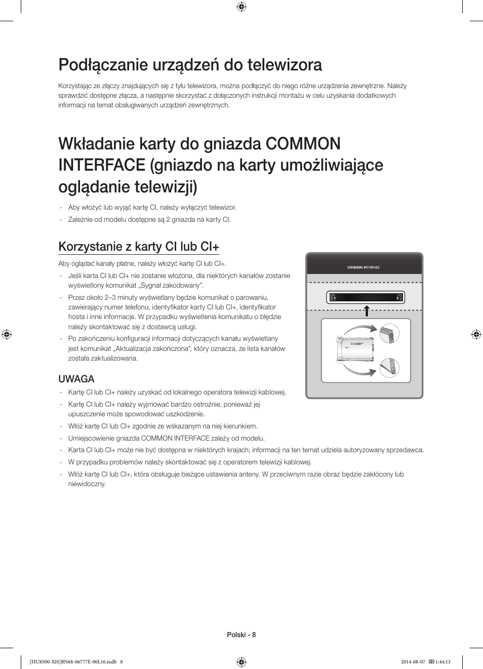 Podłączanie urządzeń do telewizora, Korzystanie z karty ci lub ci, Uwaga | Samsung UE65HU8500L User Manual | Page 56 / 386