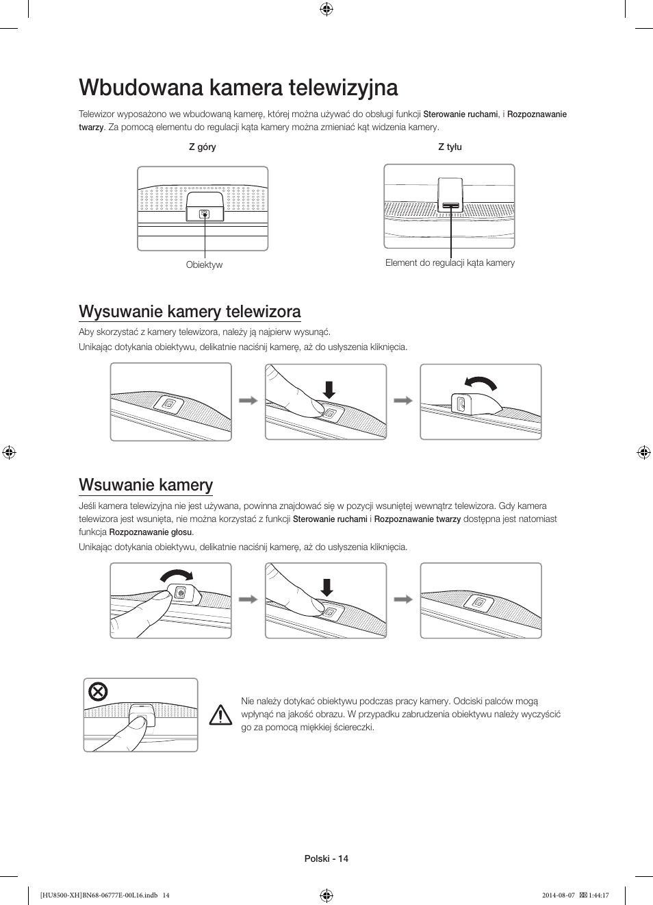 Wbudowana kamera telewizyjna, Wysuwanie kamery telewizora, Wsuwanie kamery | 경고 주의 경고 주의 | Samsung UE65HU8500L User Manual | Page 62 / 386