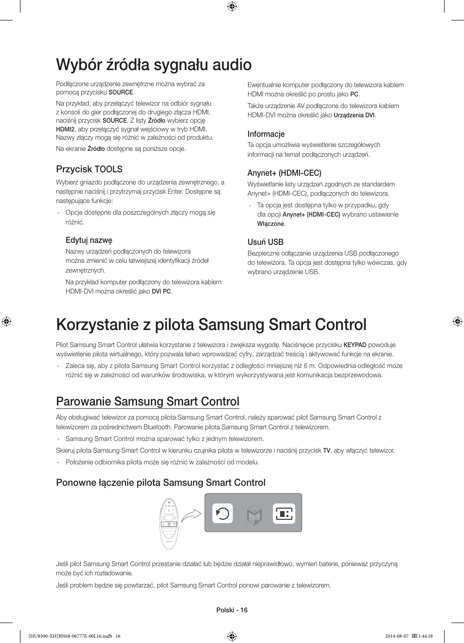Korzystanie z pilota samsung smart control, Wybór źródła sygnału audio, Parowanie samsung smart control | Ponowne łączenie pilota samsung smart control, Przycisk, Tools | Samsung UE65HU8500L User Manual | Page 64 / 386