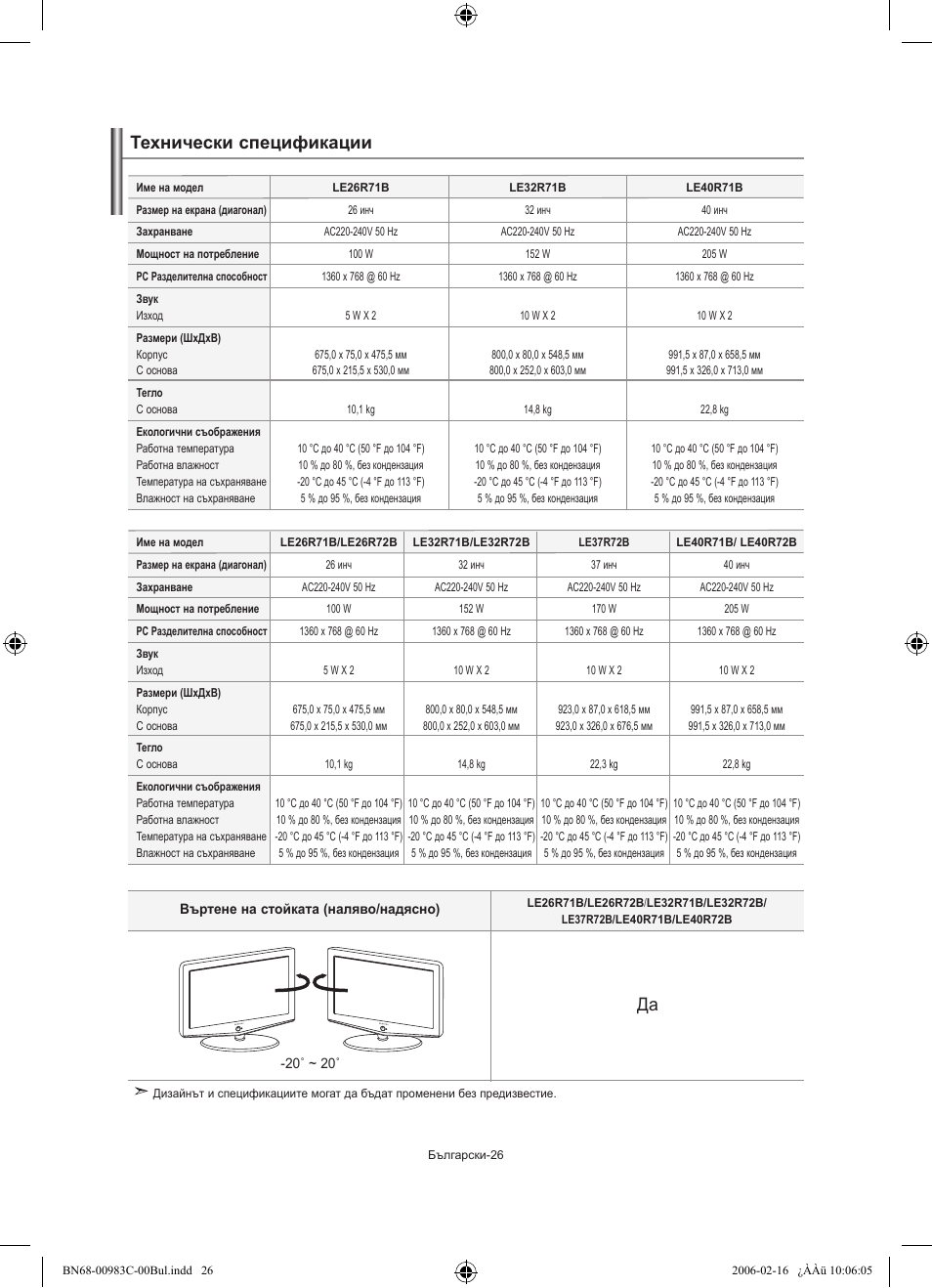 Технически спецификации | Samsung LE26R71B User Manual | Page 132 / 211
