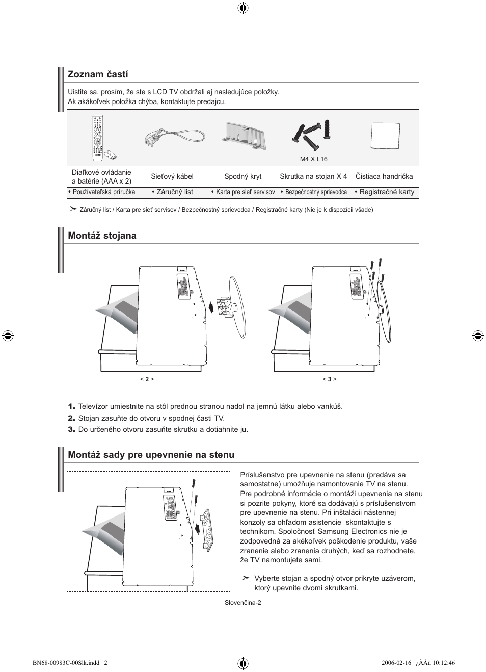 Zoznam častí, Montáž stojana, Montáž sady pre upevnenie na stenu | Samsung LE26R71B User Manual | Page 134 / 211