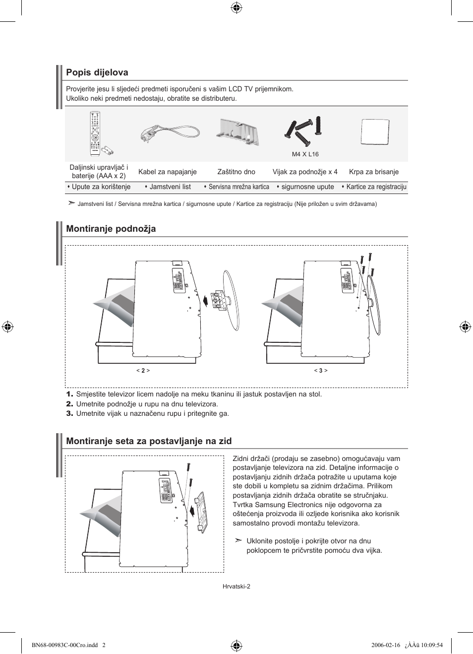 Popis dijelova, Montiranje podnožja, Montiranje seta za postavljanje na zid | Samsung LE26R71B User Manual | Page 160 / 211
