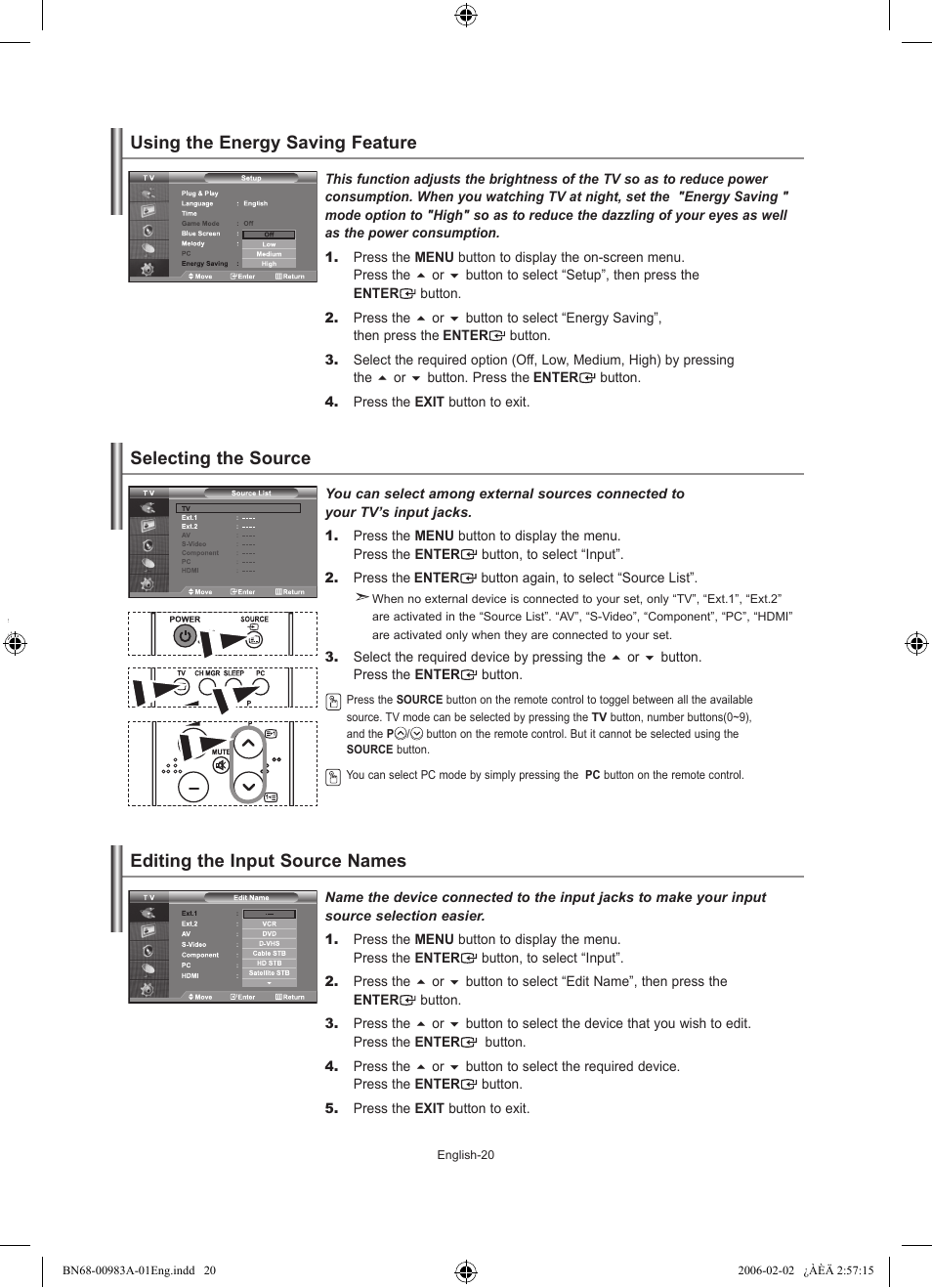 Using the energy saving feature, Selecting the source, Editing the input source names | Samsung LE26R71B User Manual | Page 22 / 211