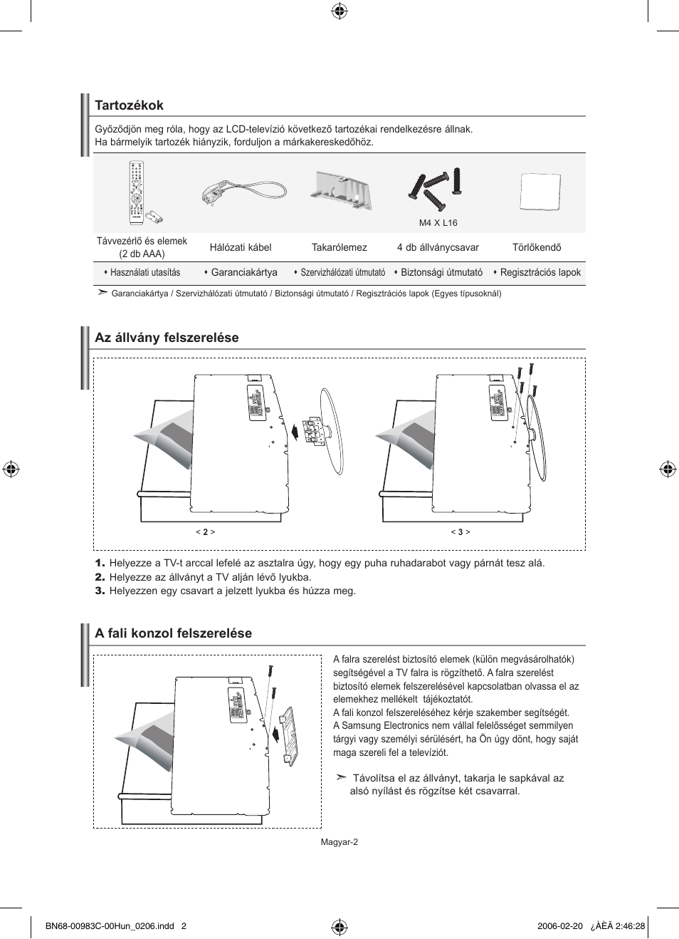 Tartozékok, Az állvány felszerelése, A fali konzol felszerelése | Samsung LE26R71B User Manual | Page 30 / 211
