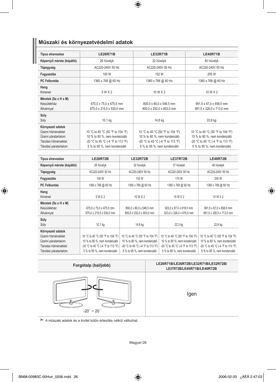 Műszaki és környezetvédelmi adatok, Igen | Samsung LE26R71B User Manual | Page 54 / 211