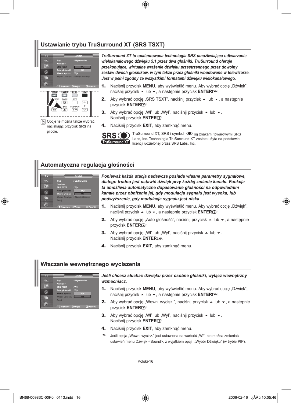 Ustawianie trybu trusurround xt (srs tsxt), Automatyczna regulacja głośności, Włączanie wewnętrznego wyciszenia | Samsung LE26R71B User Manual | Page 70 / 211