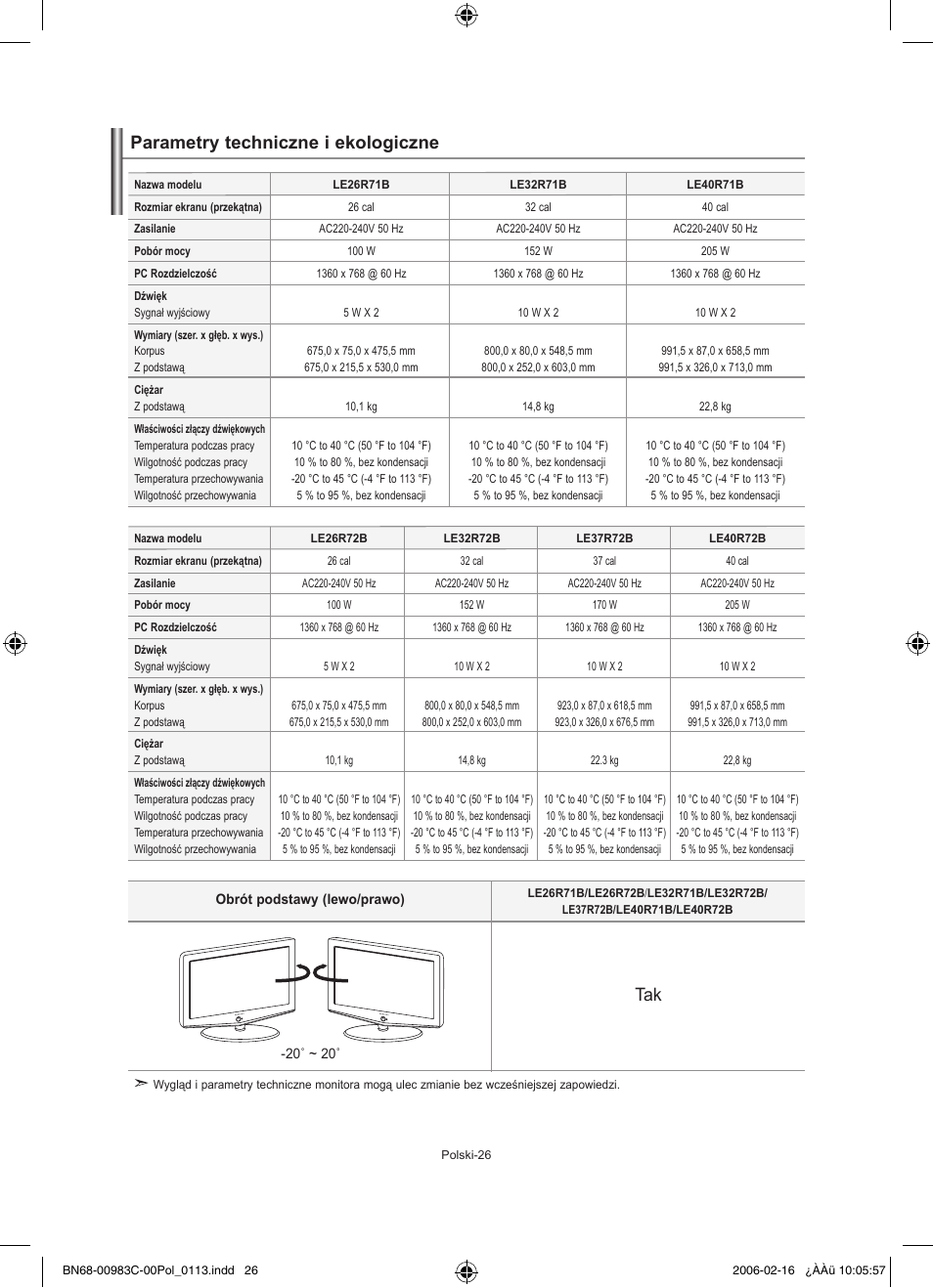 Parametry techniczne i ekologiczne | Samsung LE26R71B User Manual | Page 80 / 211