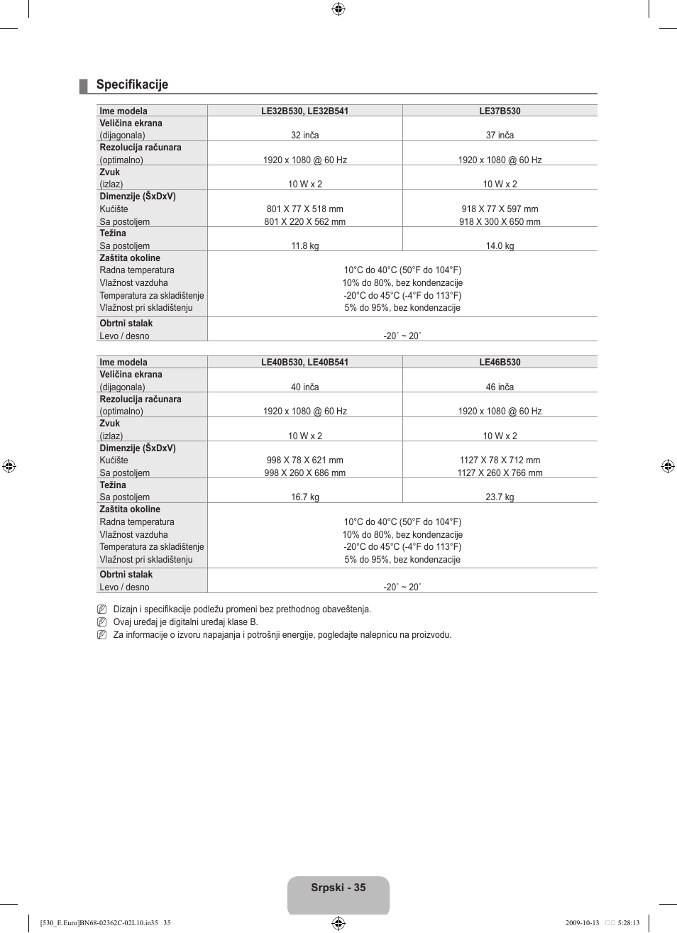 Specifikacije | Samsung LE32B541P7W User Manual | Page 361 / 368