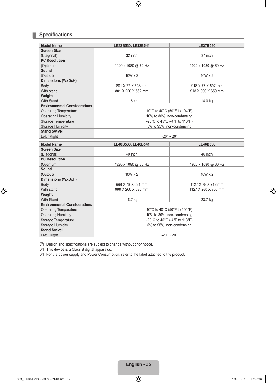 Specifications | Samsung LE32B541P7W User Manual | Page 37 / 368