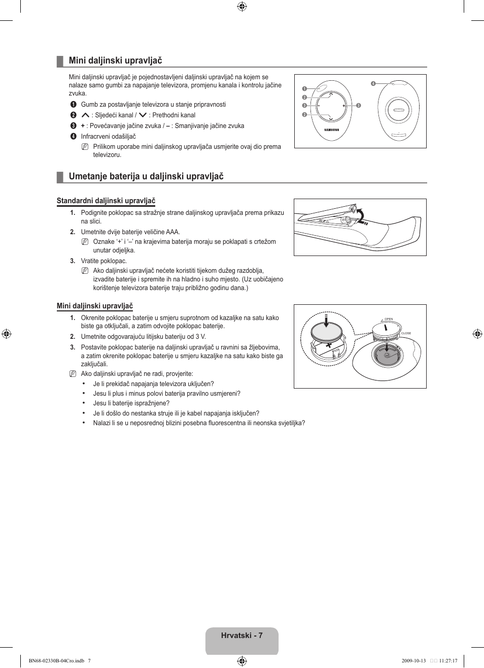Mini daljinski upravljač, Umetanje baterija u daljinski upravljač | Samsung UE40B8000XW User Manual | Page 363 / 702