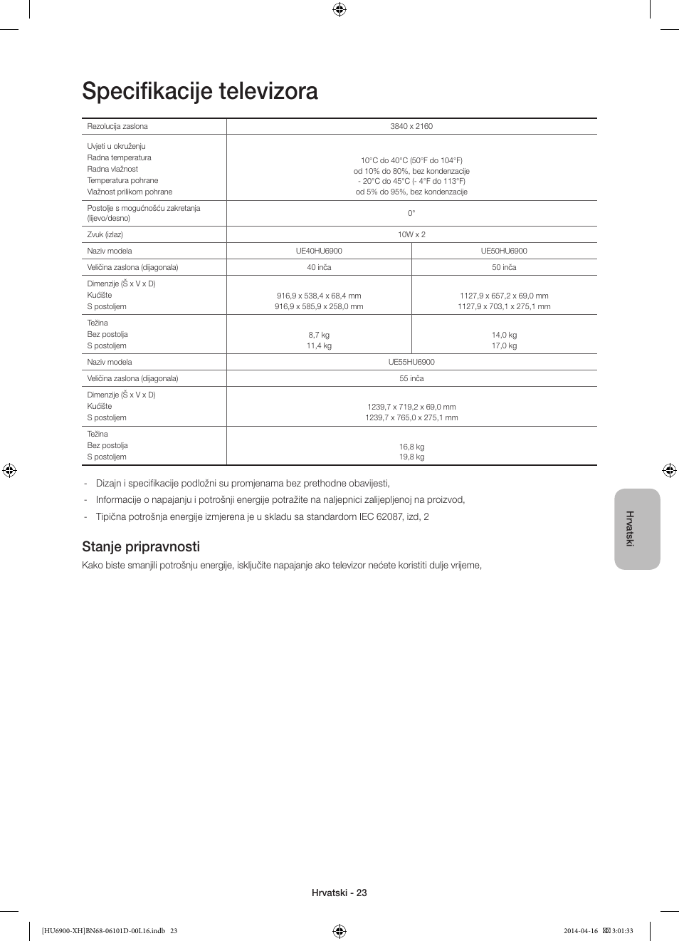 Specifikacije televizora, Stanje pripravnosti | Samsung UE55HU6900S User Manual | Page 143 / 385