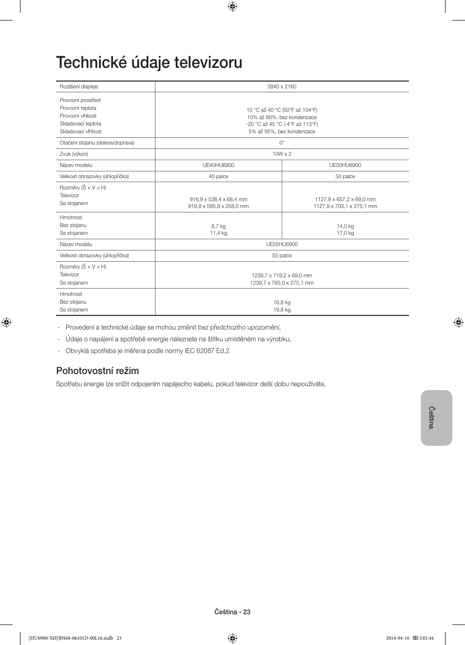 Technické údaje televizoru, Pohotovostní režim | Samsung UE55HU6900S User Manual | Page 167 / 385