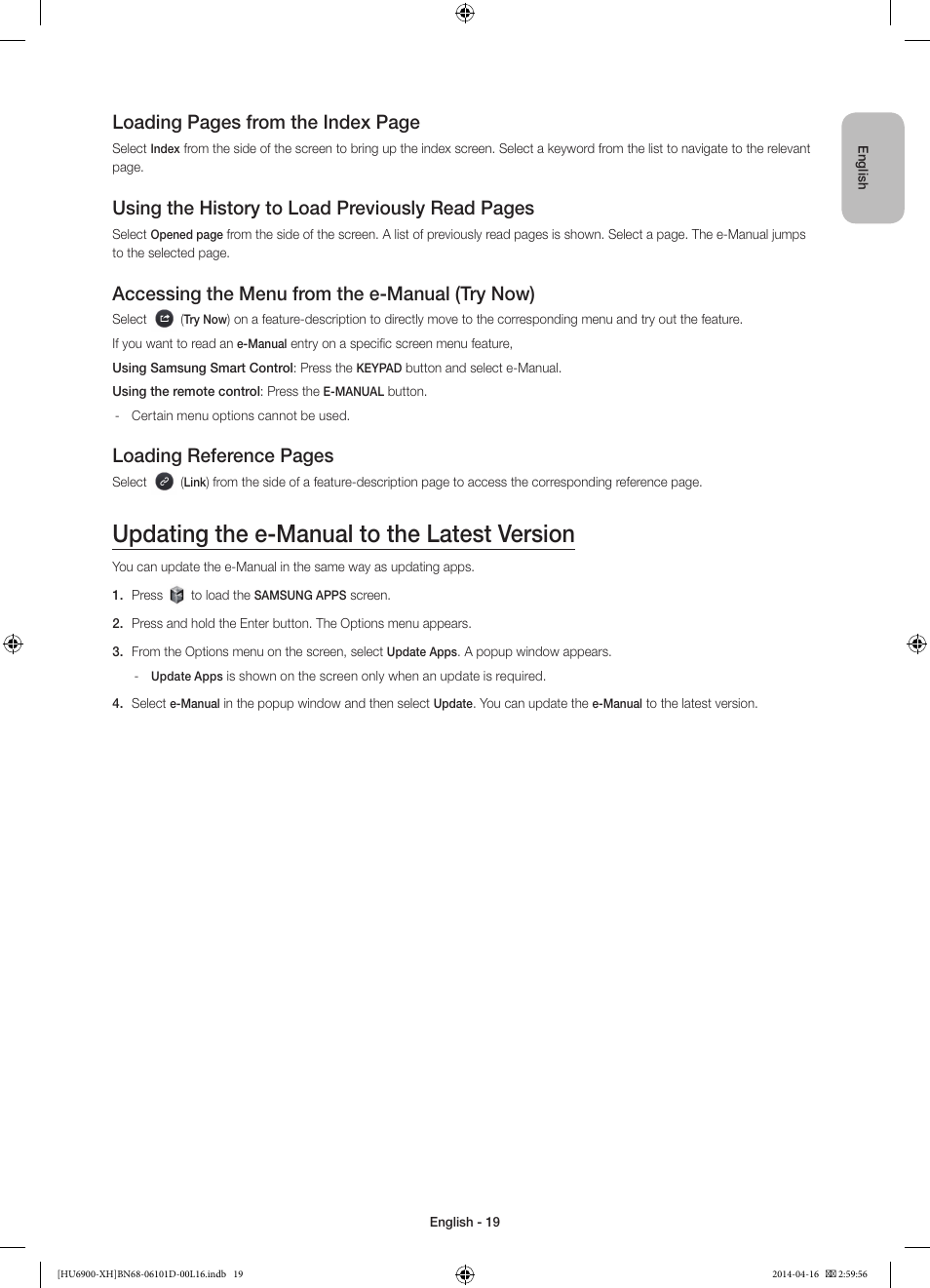 Updating the e-manual to the latest version, Loading pages from the index page, Using the history to load previously read pages | Accessing the menu from the e-manual (try now), Loading reference pages | Samsung UE55HU6900S User Manual | Page 19 / 385