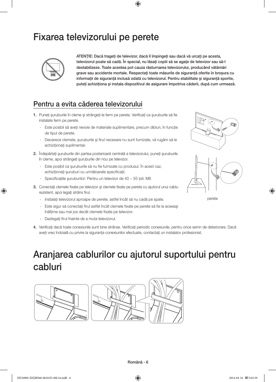 Fixarea televizorului pe perete, Pentru a evita căderea televizorului | Samsung UE55HU6900S User Manual | Page 198 / 385